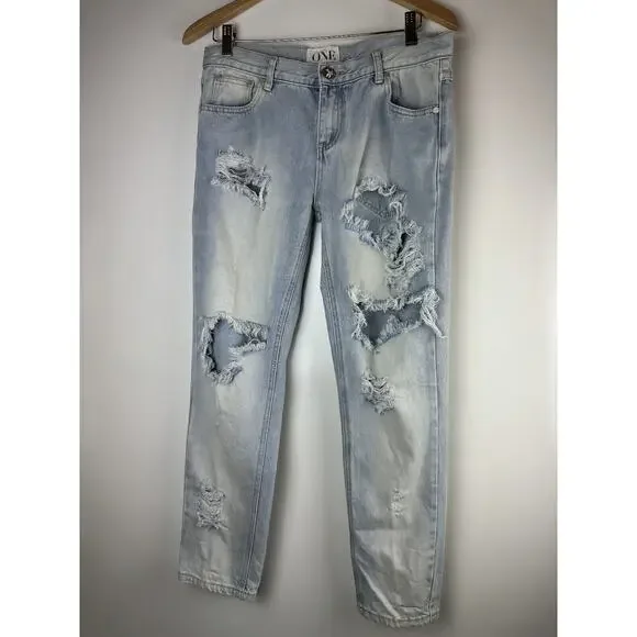 One x OneTeaspoon Awesome Baggies Denim Boyfriend Jeans Distressed Light Wash 28 - Picture 2 of 13